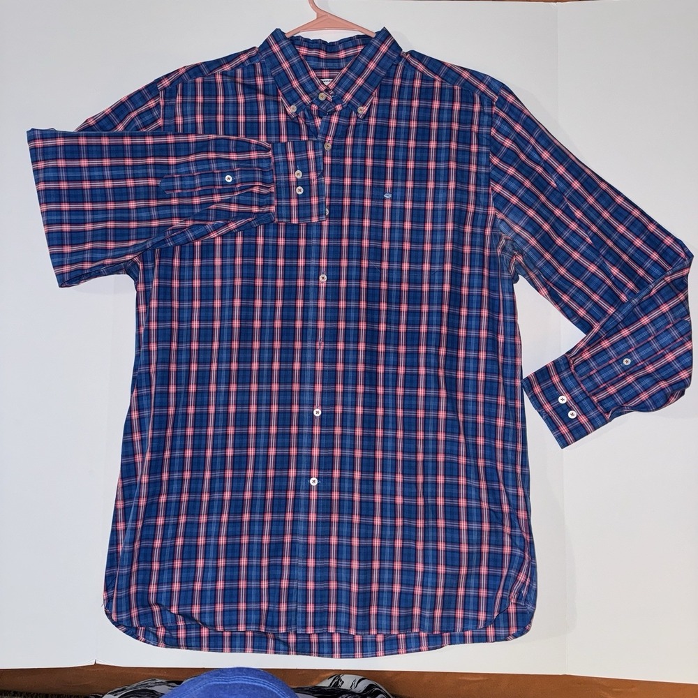 Men's Large Southern Tide Plaid Button-Down Collared Shirt Classic Fit Blue Red